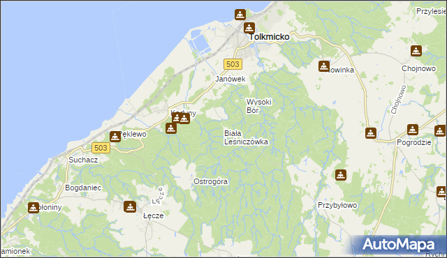 mapa Biała Leśniczówka gmina Tolkmicko, Biała Leśniczówka gmina Tolkmicko na mapie Targeo