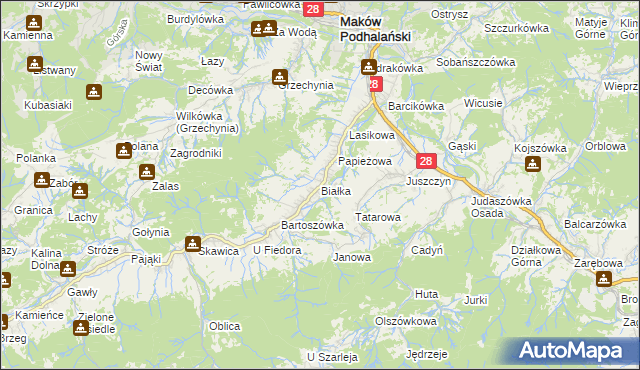 mapa Białka gmina Maków Podhalański, Białka gmina Maków Podhalański na mapie Targeo