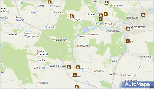 mapa Białowieża gmina Sędziszów, Białowieża gmina Sędziszów na mapie Targeo