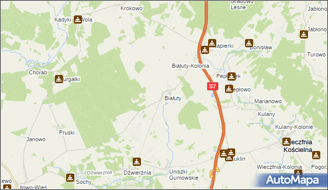 mapa Białuty gmina Iłowo-Osada, Białuty gmina Iłowo-Osada na mapie Targeo