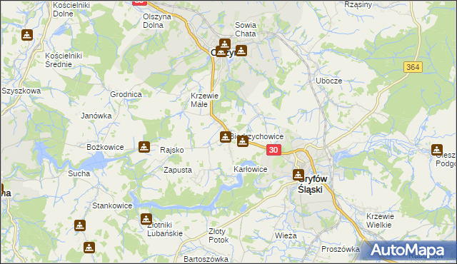 mapa Biedrzychowice gmina Olszyna, Biedrzychowice gmina Olszyna na mapie Targeo