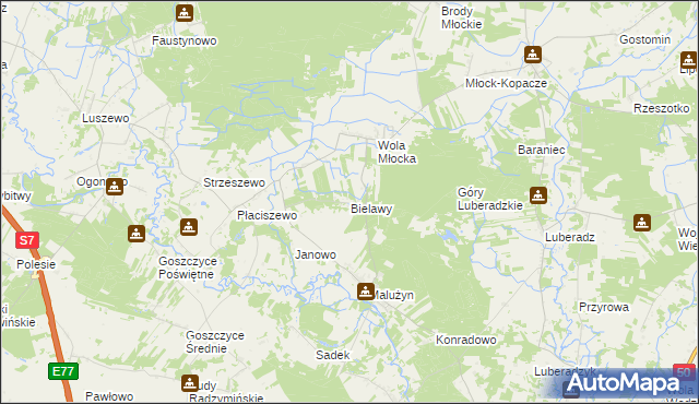mapa Bielawy gmina Glinojeck, Bielawy gmina Glinojeck na mapie Targeo