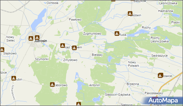mapa Bielawy gmina Jutrosin, Bielawy gmina Jutrosin na mapie Targeo