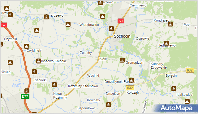 mapa Biele gmina Sochocin, Biele gmina Sochocin na mapie Targeo