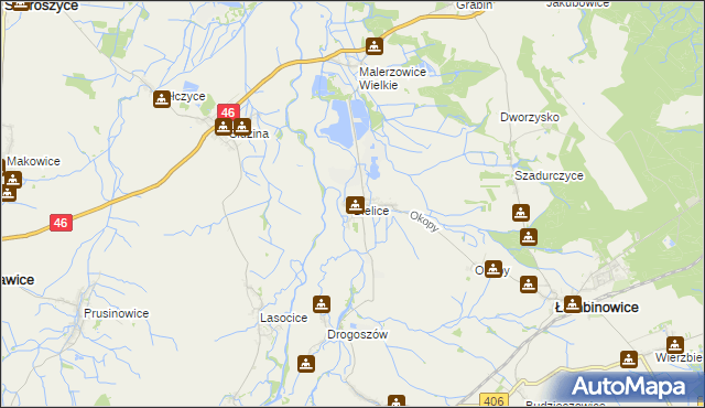 mapa Bielice gmina Łambinowice, Bielice gmina Łambinowice na mapie Targeo