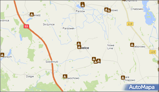 mapa Bielice powiat pyrzycki, Bielice powiat pyrzycki na mapie Targeo