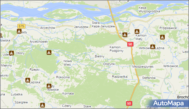 mapa Bieliny gmina Młodzieszyn, Bieliny gmina Młodzieszyn na mapie Targeo