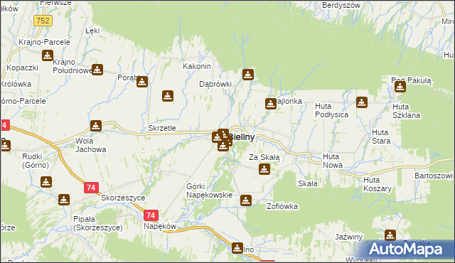 mapa Bieliny powiat kielecki, Bieliny powiat kielecki na mapie Targeo