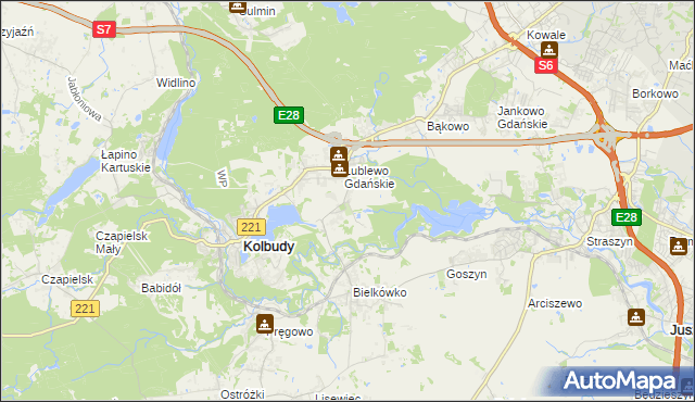 mapa Bielkowo gmina Kolbudy, Bielkowo gmina Kolbudy na mapie Targeo