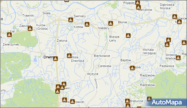 mapa Bieńkowice gmina Drwinia, Bieńkowice gmina Drwinia na mapie Targeo