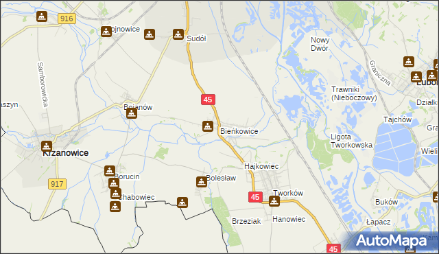 mapa Bieńkowice gmina Krzyżanowice, Bieńkowice gmina Krzyżanowice na mapie Targeo