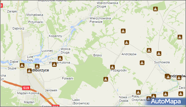 mapa Bilsko gmina Modliborzyce, Bilsko gmina Modliborzyce na mapie Targeo