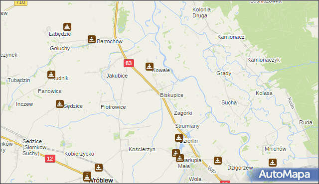 mapa Biskupice gmina Sieradz, Biskupice gmina Sieradz na mapie Targeo