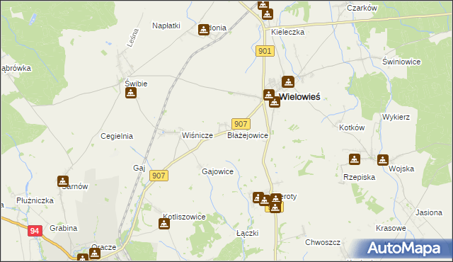 mapa Błażejowice gmina Wielowieś, Błażejowice gmina Wielowieś na mapie Targeo