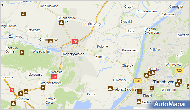 mapa Błonie gmina Koprzywnica, Błonie gmina Koprzywnica na mapie Targeo