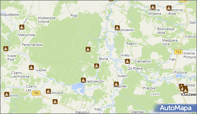 mapa Błonie gmina Wielgomłyny, Błonie gmina Wielgomłyny na mapie Targeo