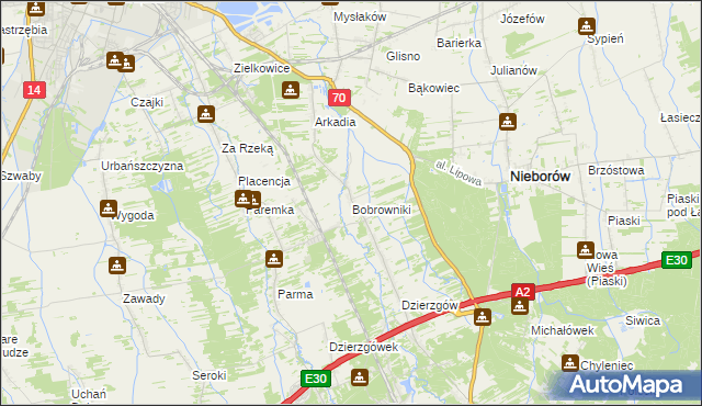 mapa Bobrowniki gmina Nieborów, Bobrowniki gmina Nieborów na mapie Targeo