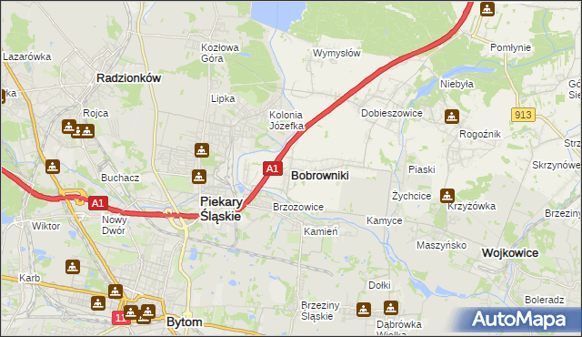 mapa Bobrowniki powiat będziński, Bobrowniki powiat będziński na mapie Targeo