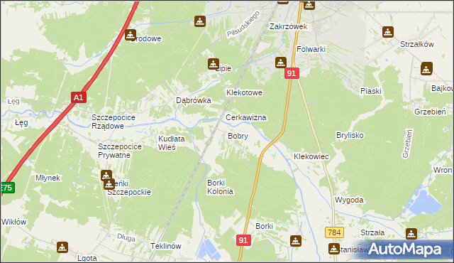 mapa Bobry gmina Radomsko, Bobry gmina Radomsko na mapie Targeo