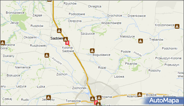 mapa Bogusławice gmina Sadowie, Bogusławice gmina Sadowie na mapie Targeo