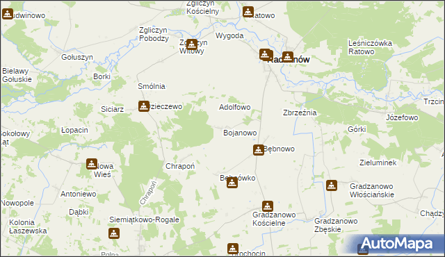 mapa Bojanowo gmina Radzanów, Bojanowo gmina Radzanów na mapie Targeo