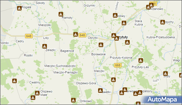 mapa Borawskie gmina Przytuły, Borawskie gmina Przytuły na mapie Targeo