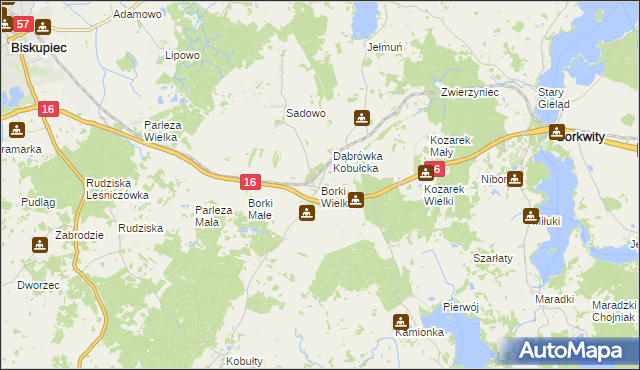 mapa Borki Wielkie gmina Biskupiec, Borki Wielkie gmina Biskupiec na mapie Targeo