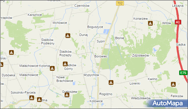 mapa Borowiec gmina Piątek, Borowiec gmina Piątek na mapie Targeo