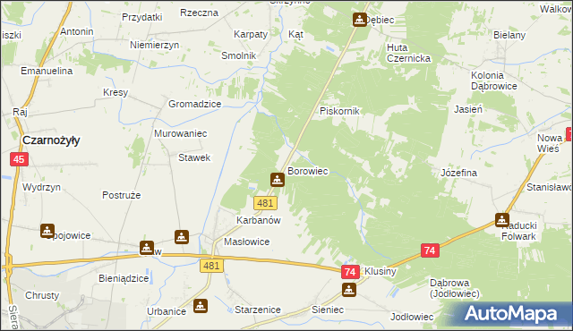 mapa Borowiec gmina Wieluń, Borowiec gmina Wieluń na mapie Targeo