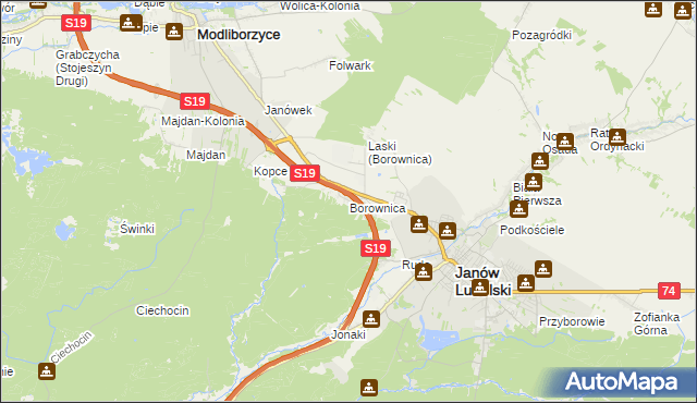 mapa Borownica gmina Janów Lubelski, Borownica gmina Janów Lubelski na mapie Targeo