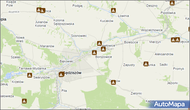 mapa Borszowice gmina Sędziszów, Borszowice gmina Sędziszów na mapie Targeo