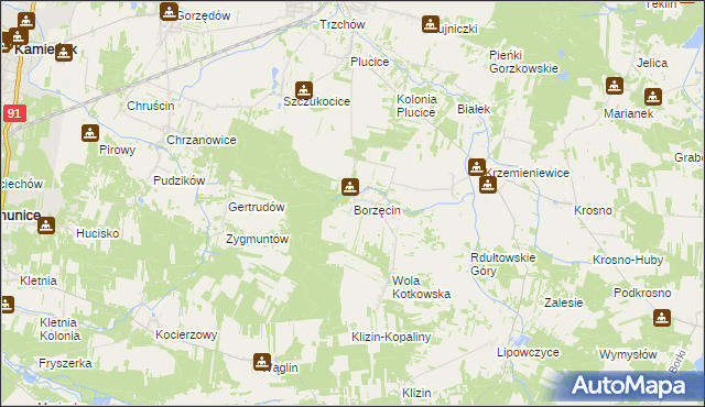 mapa Borzęcin gmina Gorzkowice, Borzęcin gmina Gorzkowice na mapie Targeo