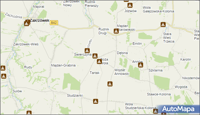 mapa Boża Wola gmina Zakrzew, Boża Wola gmina Zakrzew na mapie Targeo