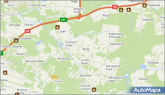 mapa Brogi gmina Dobroń, Brogi gmina Dobroń na mapie Targeo