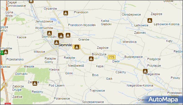 mapa Brończyce gmina Słomniki, Brończyce gmina Słomniki na mapie Targeo