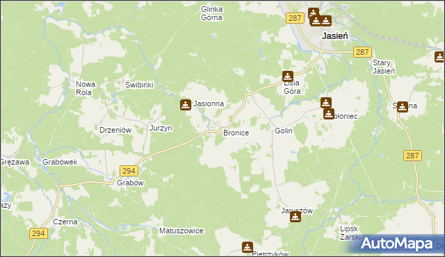 mapa Bronice gmina Jasień, Bronice gmina Jasień na mapie Targeo