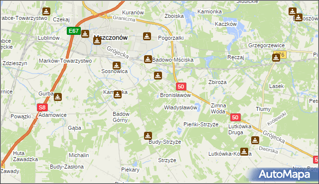 mapa Bronisławów gmina Mszczonów, Bronisławów gmina Mszczonów na mapie Targeo