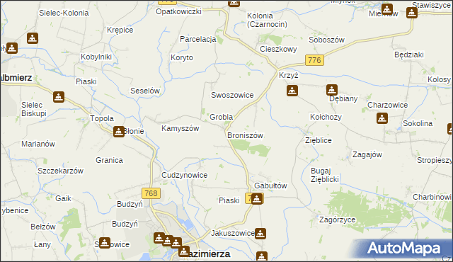 mapa Broniszów gmina Kazimierza Wielka, Broniszów gmina Kazimierza Wielka na mapie Targeo