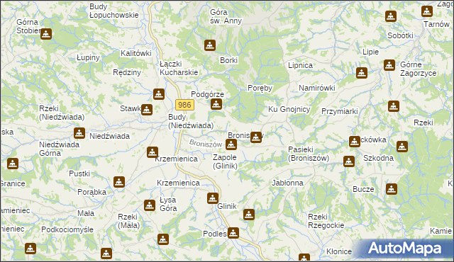 mapa Broniszów gmina Wielopole Skrzyńskie, Broniszów gmina Wielopole Skrzyńskie na mapie Targeo