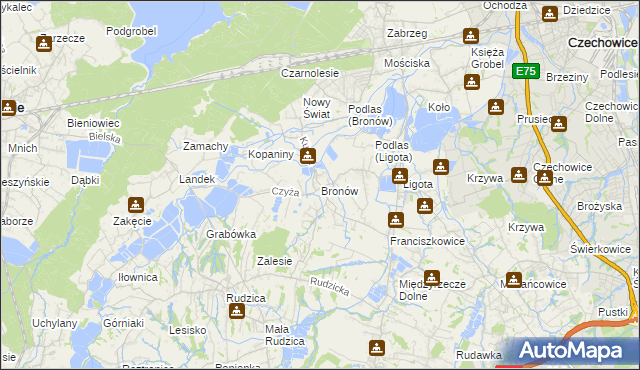 mapa Bronów gmina Czechowice-Dziedzice, Bronów gmina Czechowice-Dziedzice na mapie Targeo
