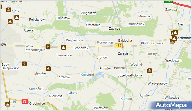 mapa Bronów gmina Wartkowice, Bronów gmina Wartkowice na mapie Targeo