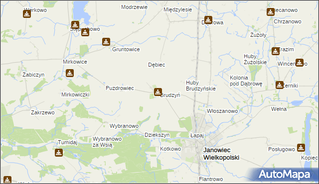 mapa Brudzyń gmina Janowiec Wielkopolski, Brudzyń gmina Janowiec Wielkopolski na mapie Targeo