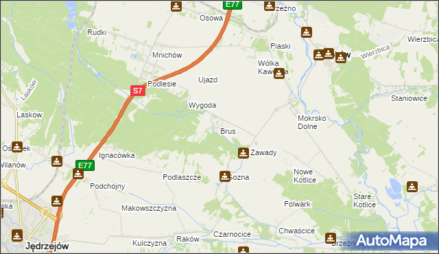 mapa Brus gmina Jędrzejów, Brus gmina Jędrzejów na mapie Targeo