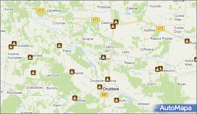 mapa Brzezie gmina Drużbice, Brzezie gmina Drużbice na mapie Targeo