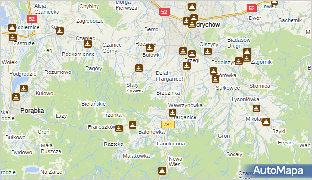 mapa Brzezinka gmina Andrychów, Brzezinka gmina Andrychów na mapie Targeo