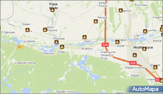 mapa Brzeziny gmina Modliborzyce, Brzeziny gmina Modliborzyce na mapie Targeo