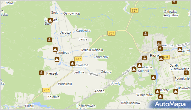 mapa Brzeziny gmina Pionki, Brzeziny gmina Pionki na mapie Targeo