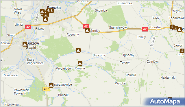 mapa Brzeziny gmina Praszka, Brzeziny gmina Praszka na mapie Targeo