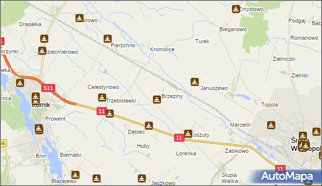 mapa Brzeziny gmina Środa Wielkopolska, Brzeziny gmina Środa Wielkopolska na mapie Targeo