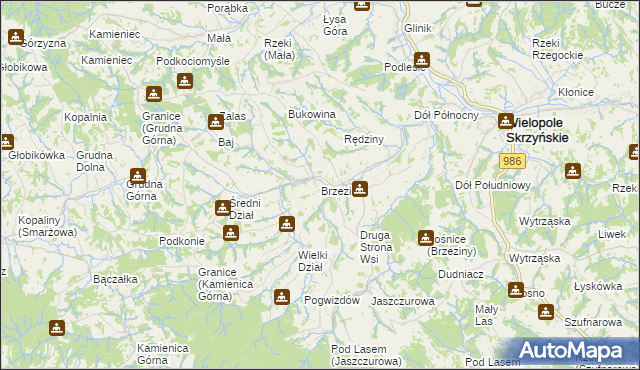 mapa Brzeziny gmina Wielopole Skrzyńskie, Brzeziny gmina Wielopole Skrzyńskie na mapie Targeo